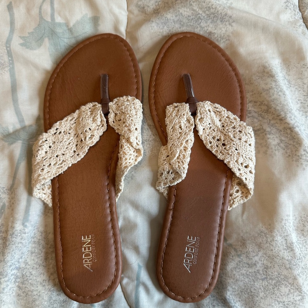 Ardene Brown Sandals with Cream Crochet Straps
